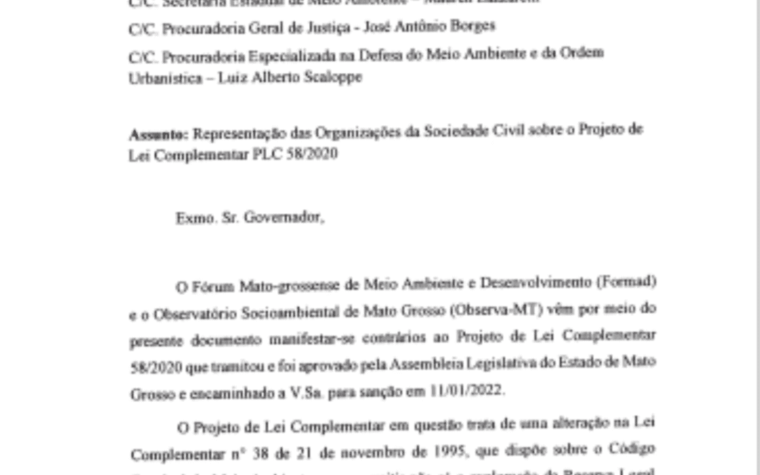 Representação Formad e Observa-MT sobre PLC 58/2020