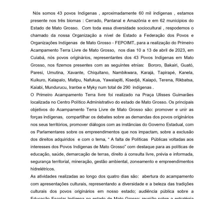 Carta do 1º Acampamento Terra Livre de Mato Grosso