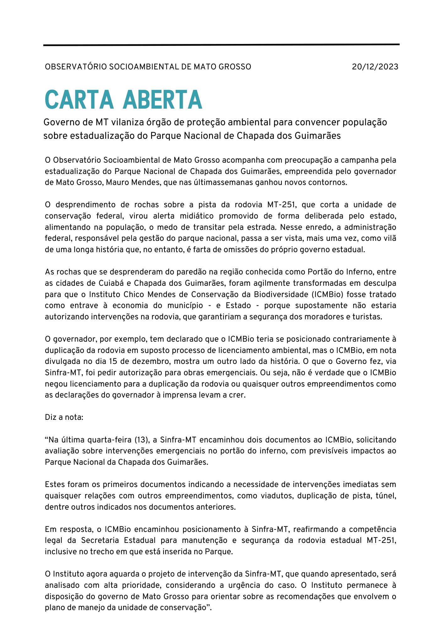 Carta Aberta contra ataques ao ICMBio