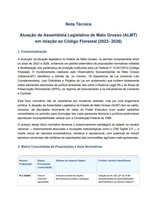 Nota Técnica | Retrocessos legislativos no cumprimento do Código Florestal (2023–2026)
